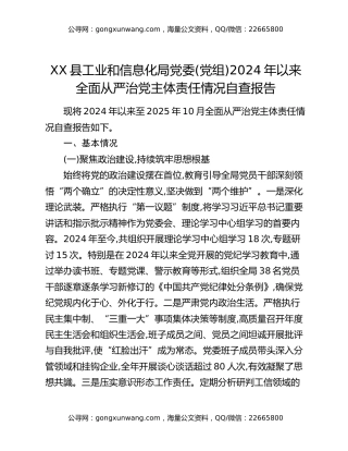 XX县工业和信息化局党委（党组）2024年以来全面从严治党主体责任情况自查报告