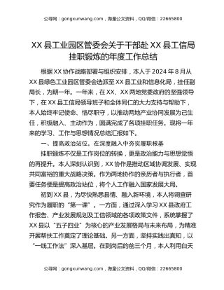 XX县工业园区管委会关于干部赴XX县工信局挂职锻炼的年度工作总结