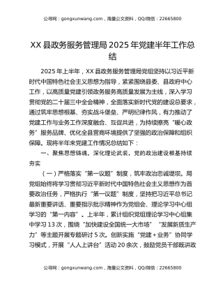 XX县政务服务管理局2025年党建半年工作总结
