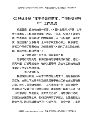 XX县林业局“实干争先抓落实，工作质效提升年”工作总结