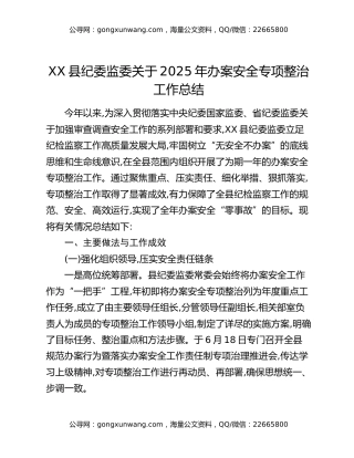 XX县纪委监委关于2025年办案安全专项整治工作总结