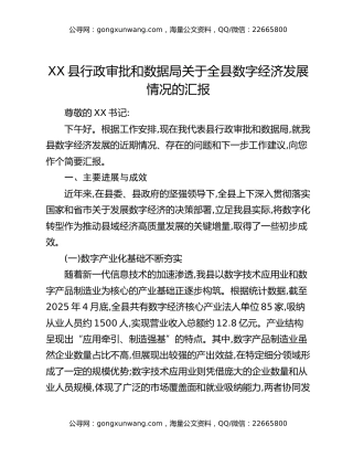 XX县行政审批和数据局关于全县数字经济发展情况的汇报