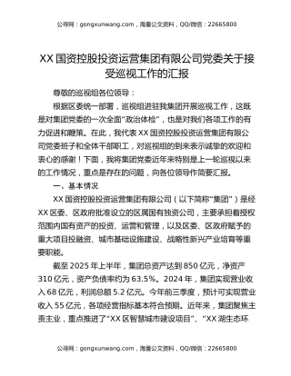 XX国资控股投资运营集团有限公司党委关于接受巡视工作的汇报