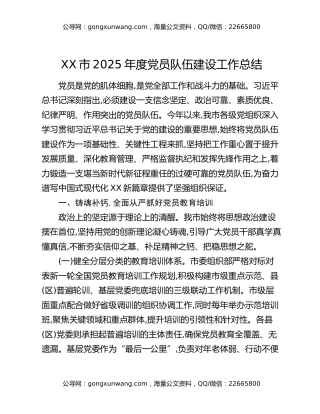 XX市2025年度党员队伍建设工作总结