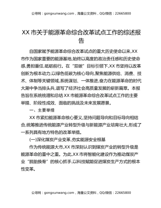 XX市关于能源革命综合改革试点工作的综述报告