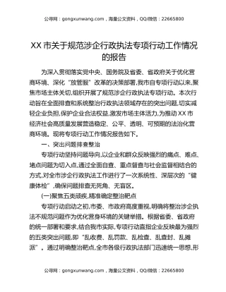 XX市关于规范涉企行政执法专项行动工作情况的报告