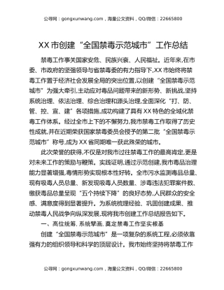 XX市创建“全国禁毒示范城市”工作总结
