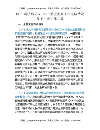 XX市司法局2025年一季度主要工作完成情况及下一步工作打算