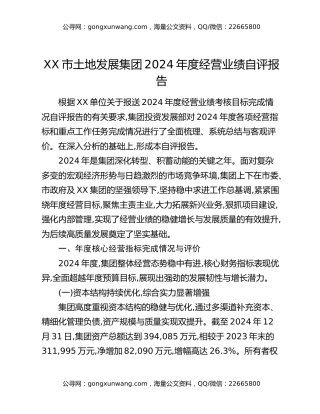 XX市土地发展集团2024年度经营业绩自评报告