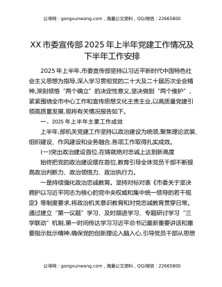 XX市委宣传部2025年上半年党建工作情况及下半年工作安排