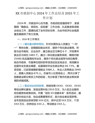XX市就创中心2024年工作总结及2025年工作计划