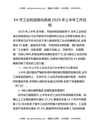 XX市工业和信息化系统2025年上半年工作总结