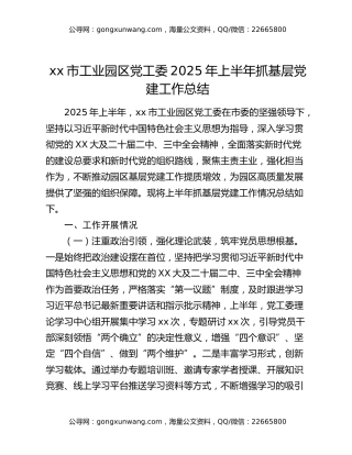 xx市工业园区党工委2025年上半年抓基层党建工作总结