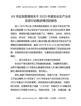 XX市应急管理局关于2025年度安全生产治本攻坚行动推进情况的报告（2）