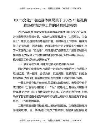 XX市文化广电旅游体育局关于2025年基孔肯雅热疫情防控工作的经验总结报告