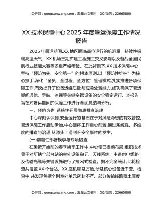 XX技术保障中心2025年度暑运保障工作情况报告
