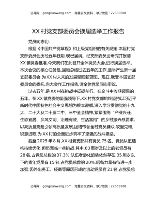XX村党支部委员会换届选举工作报告