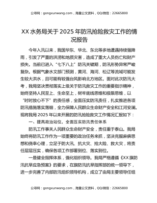 XX水务局关于2025年防汛抢险救灾工作的情况报告
