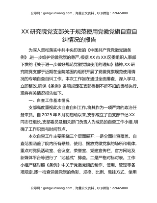 XX研究院党支部关于规范使用党徽党旗自查自纠情况的报告