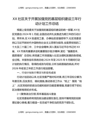 XX社区关于开展加强党的基层组织建设三年行动计划工作总结
