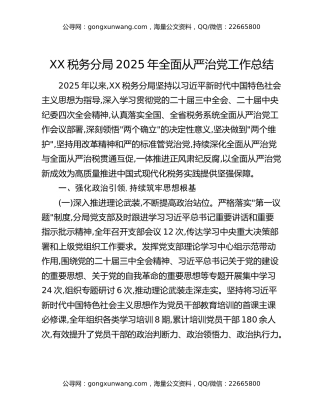 XX税务分局2025年全面从严治党工作总结