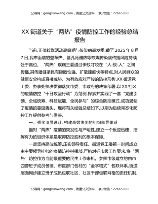 XX街道关于“两热”疫情防控工作的经验总结报告