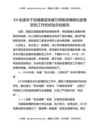 XX街道关于加强基层党建引领推进精细化疫情防控工作的经验总结报告