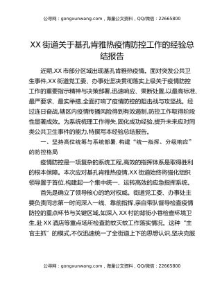 XX街道关于基孔肯雅热疫情防控工作的经验总结报告