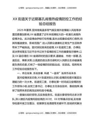 XX街道关于近期基孔肯雅热疫情防控工作的经验总结报告