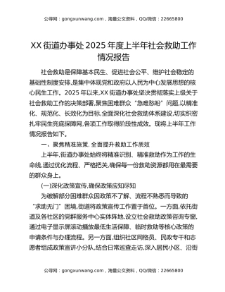 XX街道办事处2025年度上半年社会救助工作情况报告