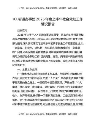 XX街道办事处2025年度上半年社会救助工作情况报告（2）