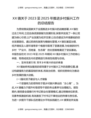 XX镇关于2023至2025年推进乡村振兴工作的总结报告