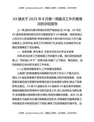 XX镇关于2025年8月第一周重点工作开展情况的总结报告