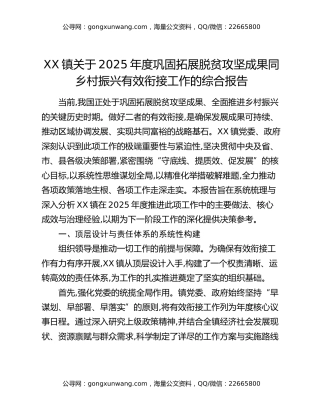 XX镇关于2025年度巩固拓展脱贫攻坚成果同乡村振兴有效衔接工作的综合报告