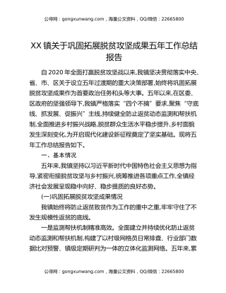 XX镇关于巩固拓展脱贫攻坚成果五年工作总结报告