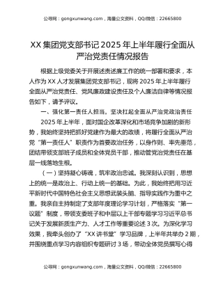 XX集团党支部书记2025年上半年履行全面从严治党责任情况报告
