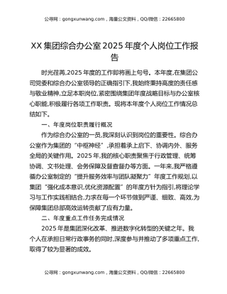 XX集团综合办公室2025年度个人岗位工作报告