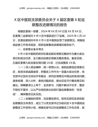 X区中医院支部委员会关于X届区委第X轮巡察整改进展情况的报告