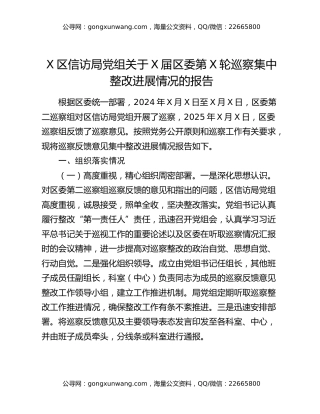 X区信访局党组关于X届区委第X轮巡察集中整改进展情况的报告