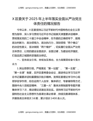 X区委关于2025年上半年落实全面从严治党主体责任的情况报告