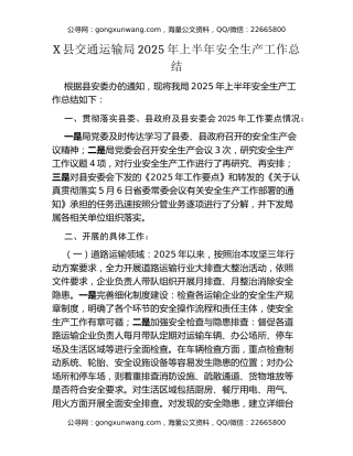 X县交通运输局2025年上半年安全生产工作总结