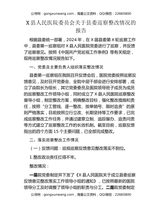 X县人民医院委员会关于县委巡察整改情况的报告