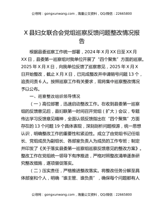 X县妇女联合会党组巡察反馈问题整改情况报告