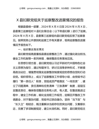 X县妇联党组关于巡察整改进展情况的报告