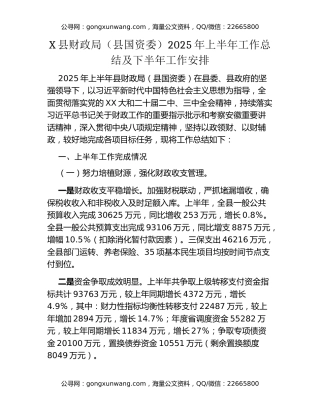 X县财政局（县国资委）2025年上半年工作总结及下半年工作安排