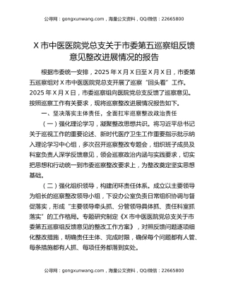 X市中医医院党总支关于市委第五巡察组反馈意见整改进展情况的报告