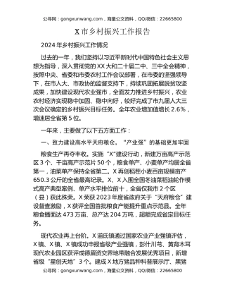 X市乡村振兴工作报告