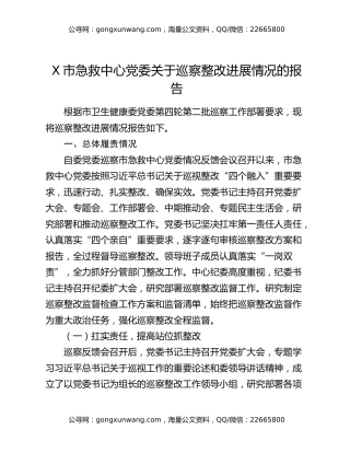 X市急救中心党委关于巡察整改进展情况的报告