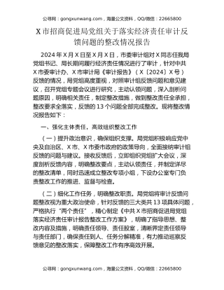 X市招商促进局党组关于落实经济责任审计反馈问题的整改情况报告