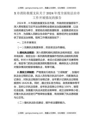 X市消防救援支队关于2024年度全面依法治市工作开展情况的报告